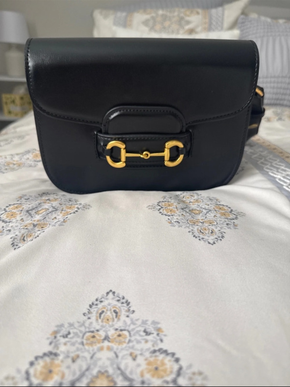 Black Faux Leather Crossbody Bag with Gold Hardware